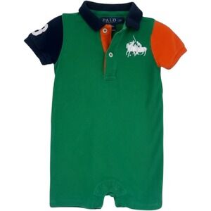 Ralph Lauren Romper Baby Boy 9M Green Colorblock Big Pony Polo Short Sleeve